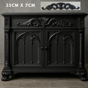 35cm Black Wood Applique – Baroque Ornate Furniture Trim | Gothic Vintage Style Decor for Cabinet Center Piece, Door Frames or Wall Accents