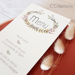 Menu pour votre mariage, baptême ou anniversaire - Collection { Leaf } - Menu personnalisé aux coloris ivoire, vert, kraft - thème champêtre