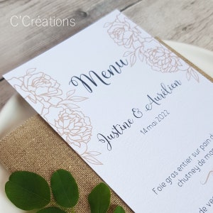 Menu { Note Florale #2 } pour votre mariage, baptême ou anniversaire - Menu personnalisé coloris blanc kraft et noir