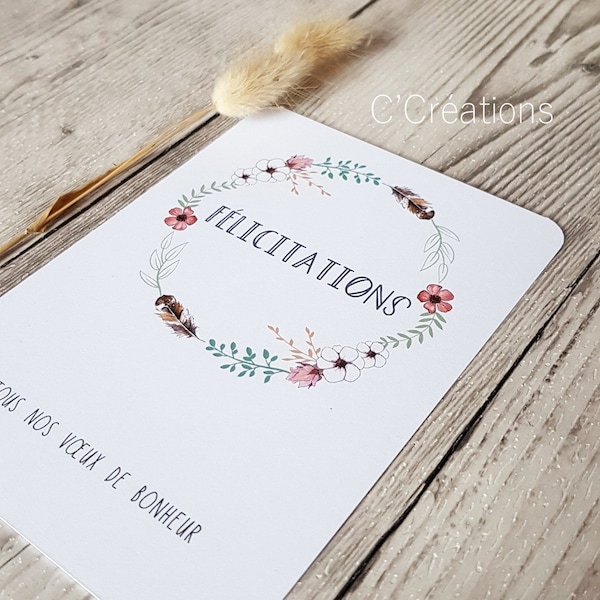 Carte Félicitations { Couronne Bohème } Mariage, anniversaire, naissance, fiançailles, coloris blanc et graphisme couronne florale