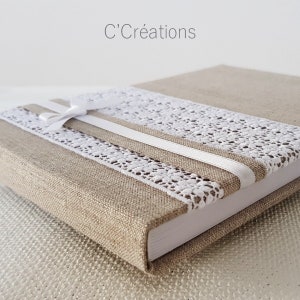 Livre d'or mariage, anniversaire ou baptême { Lin et dentelle Marguerite } Toile de lin et dentelle florale, ruban de satin