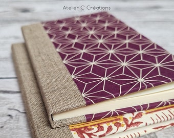 Carnet de notes format B7, toile de lin et papier artisanal graphisme japonais, coloris prune - Collection { Asanoha }