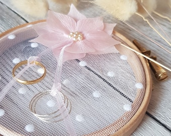 Tambour Wedding Ring Holder { Plumetis } Polka dot tulle, powder pink silk flower, organza ribbon and pearly beads