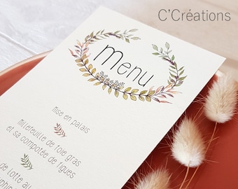 Menu { Leaf } for your wedding, baptism or birthday - personalized menu in ivory, green, kraft colors for country decoration