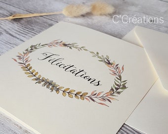 Carte Félicitations { Leaf } Couronne de feuilles bohème, coloris ivoire avec son enveloppe pour mariage, fiançailles, baptême, anniversaire