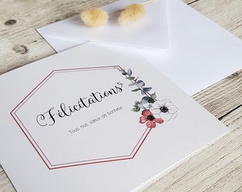 Carte Félicitations { Eucalyptus } mariage, baptême, naissance, anniversaire, motif fleur coloris blanc nacré, rose avec son enveloppe