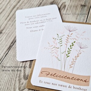Carte Félicitations { Herbes folles } Mariage, anniversaire, naissance, fiançailles, coloris blanc et graphisme fleurs des champs image 3