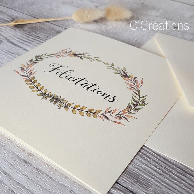 Carte Félicitations { Leaf } Couronne de feuilles bohème, coloris ivoire avec son enveloppe pour mariage, fiançailles, baptême, anniversaire image 1