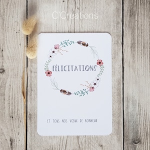 Carte Félicitations { Couronne Bohème } Mariage, anniversaire, naissance, fiançailles, coloris blanc et graphisme couronne florale image 2