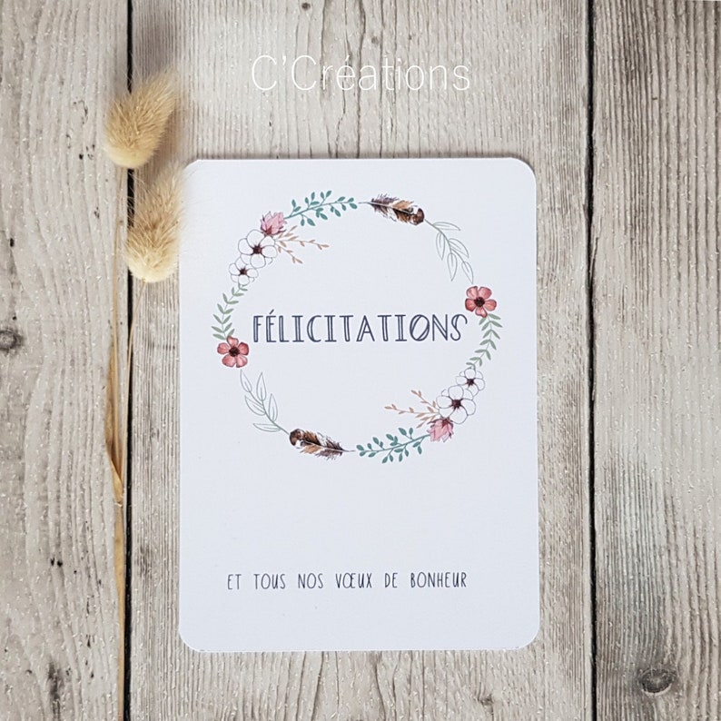 Carte Félicitations { Couronne Bohème } Mariage, anniversaire, naissance, fiançailles, coloris blanc et graphisme couronne florale image 2