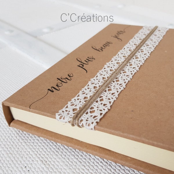 Livre d'or mariage { Beau jour } coloris kraft et dentelle ivoire