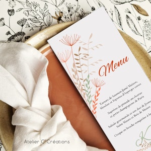 Menú para bodas, bautizos y cumpleaños {Hierbas silvestres} Gráficos de flores silvestres: menú personalizado en terracota, kraft y verde