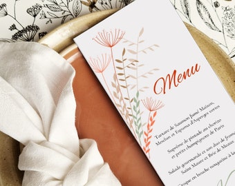 Menu Mariage, Baptême, Anniversaire { Herbes folles } Graphisme fleurs des champs - Menu personnalisé  coloris terracotta, kraft et vert