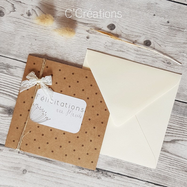Carte Félicitations { Quelques mots d'amour} Mariage, Baptême, Fiançailles, coloris kraft avec son enveloppe ivoire image 1