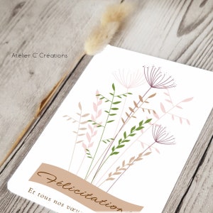 Carte Félicitations { Herbes folles } Mariage, anniversaire, naissance, fiançailles, coloris blanc et graphisme fleurs des champs image 2