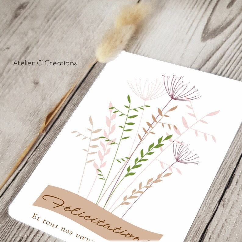 Carte Félicitations { Herbes folles } Mariage, anniversaire, naissance, fiançailles, coloris blanc et graphisme fleurs des champs image 2