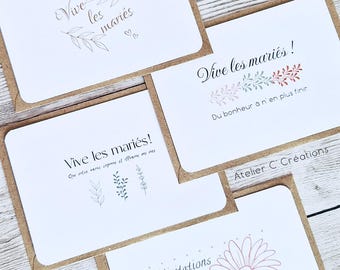 Carte { Vives les mariés } personnalisable, pour mariage, anniversaire, naissance, fiançailles, coloris blanc et graphisme au choix