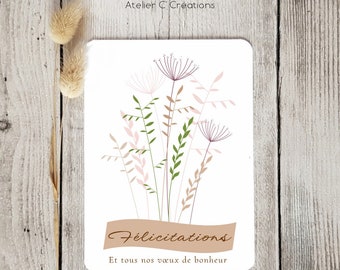 Carte Félicitations { Herbes folles } Mariage, anniversaire, naissance, fiançailles, coloris blanc et graphisme fleurs des champs