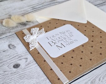 Carte Mariage { Tous nos vœux} adaptable pour faire-part mariage, baptême, Save the date, coloris kraft, satin et dentelle