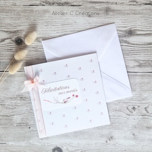 Carte félicitations { Ecrin de rose } carte couleur blanc nacré et motif floral - pour mariage, baptême, fiançailles, anniversaire