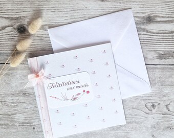 Carte félicitations { Ecrin de rose } carte couleur blanc nacré et motif floral - pour mariage, baptême, fiançailles, anniversaire