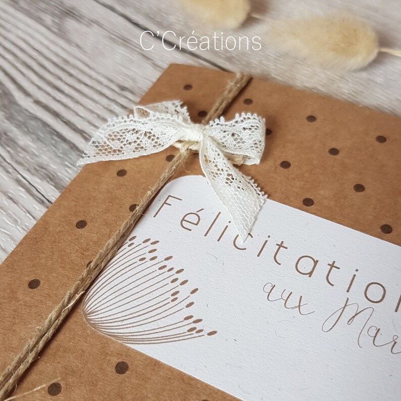 Carte Félicitations { Quelques mots d'amour} Mariage, Baptême, Fiançailles, coloris kraft avec son enveloppe ivoire image 2