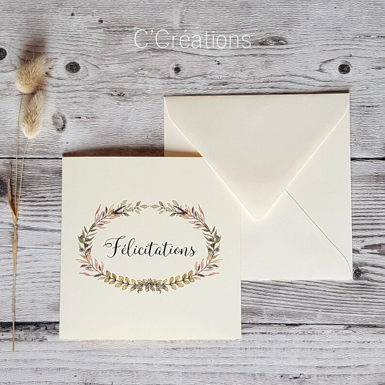 Carte Félicitations { Leaf } Couronne de feuilles bohème, coloris ivoire avec son enveloppe pour mariage, fiançailles, baptême, anniversaire image 2