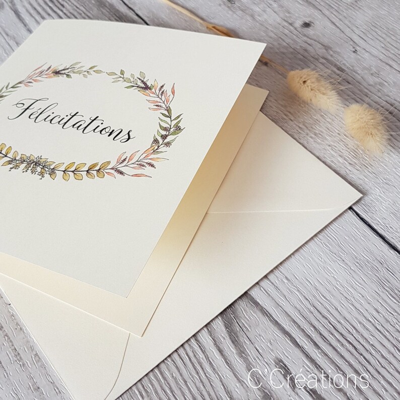 Carte Félicitations { Leaf } Couronne de feuilles bohème, coloris ivoire avec son enveloppe pour mariage, fiançailles, baptême, anniversaire image 3