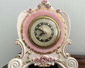 Vintage Ceramic Hand Painted Lanshire Electric Clock Working With Original Tags Pink and Gold Ceramic Mantel Clock with Art Deco Face