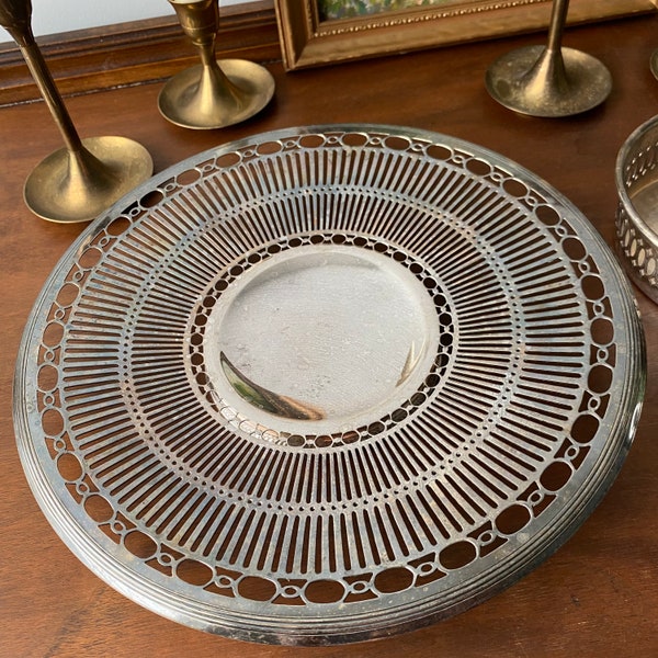 Vintage Silver Plate Pierced Metal Serving Plate with Footed Rim Base | 10" Mid-Century Pierced Metal Silver Serving Platter