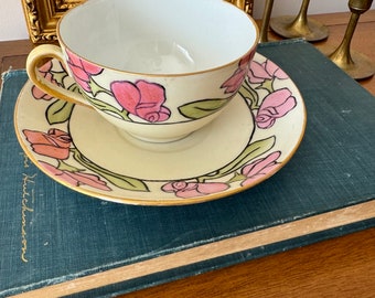 Antique Royal Austria Tea Cup & Saucer: Art Nouveau Pink Sweet Pea Flowers