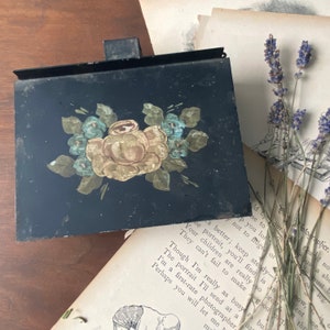 Vintage Black Toleware Floral Box: Hand-Painted Metal Crumb Catcher