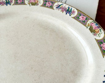 Antique Ironstone Platter: Bluebird & Floral Cottage Decor (13.5" x 10")