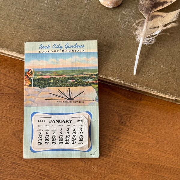 Mid Century Vintage Calendar, Rock City Gardens, Lookout Mountain, 1941 | Vintage Cardboard Souvenir Calendar, Full Color Image