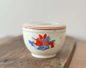 Vintage Universal Potteries Calico Fruit Lidded Bowl - 1940s Kitchenware