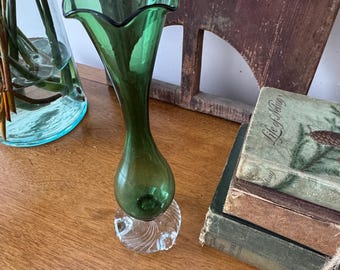 Vintage Green Glass Bud Vase: Swirl Base, Flower Petal Mouth