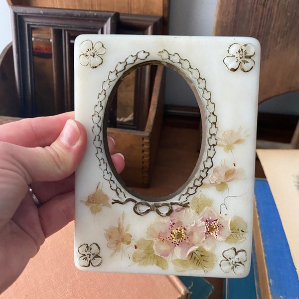 Vintage 5 1/2" x 4 1/4" Milk Glass Rectangle Hand Painted Picture Frame with Oval Opening | 3 1/4" x 2 1/2" Oval Picture Frame, Unbacked