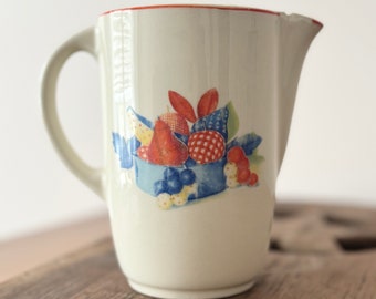 1940s Universal Potteries Ceramic Pitcher: Mid Century Calico Fruit Design