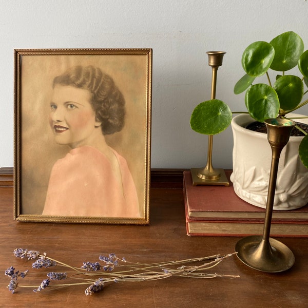 Vintage Hand-Colored Portrait Photograph of Young Woman in Gold Frame | Vintage Colored Photograph of Young Woman in Pink | Pretty in Pink