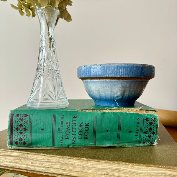 Antique 5" Blue Crock Stoneware Bowl | Vintage Rustic Stoneware Blue Mixing Bowl