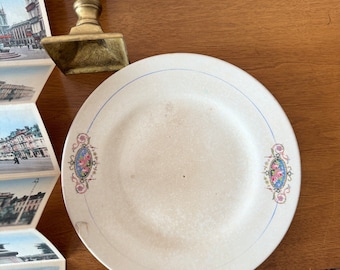 Vintage Mount Clemens Pottery Dinner Plate: Pink Roses, Blue Oval (9 inch)
