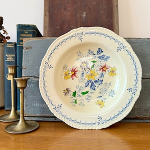 May include: A white ceramic soup bowl with a blue and white floral pattern. The bowl has a scalloped edge and a rope design around the rim.