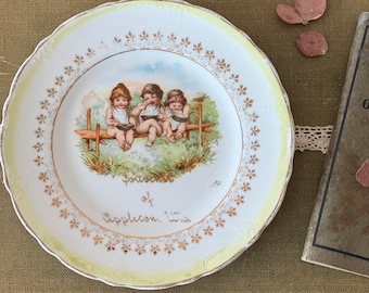 Antique Souvenir Dish, Appleton, Wisconsin, 3 Children Sitting on a Dock | Gold Maple Leaf Design, Yellow and Gold Rim, 6" Souvenir Plate