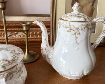 Antique French Limoges Porcelain Tea Pot, Gilded Age Charles Ahrenfeldt Limoges