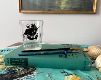 Vintage MCM 1950s Black Sailing Ship Rocks Cocktail Glass