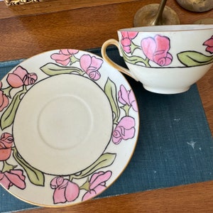 Antique O. & E. G. Royal Austria china Tea Cup and Saucer, Art Nouveau Design, Pink and Green Sweet Pea Flowers and Black and Gold Detail