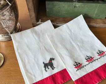 Vintage Embroidered Finger Towels: Scottie Dog & Sailing Ship Cross-Stitch (Set of 2)