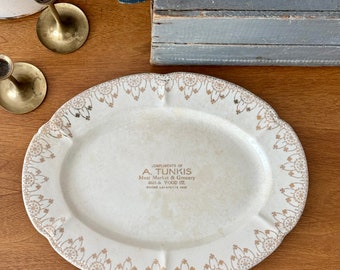 Antique Ironstone Platter: Gold Decoration, Vintage Advertisement (13" x 10")