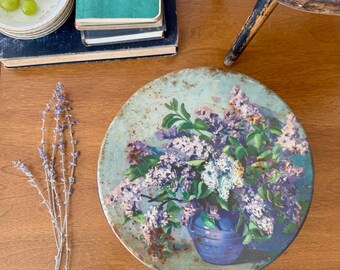 Vintage Light Blue Floral Tin: Mid-Century Rustic Storage Canister