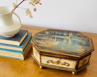 Vintage Florentine Musical Jewelry Box: Sailboat Painting, Pink Velvet Interior